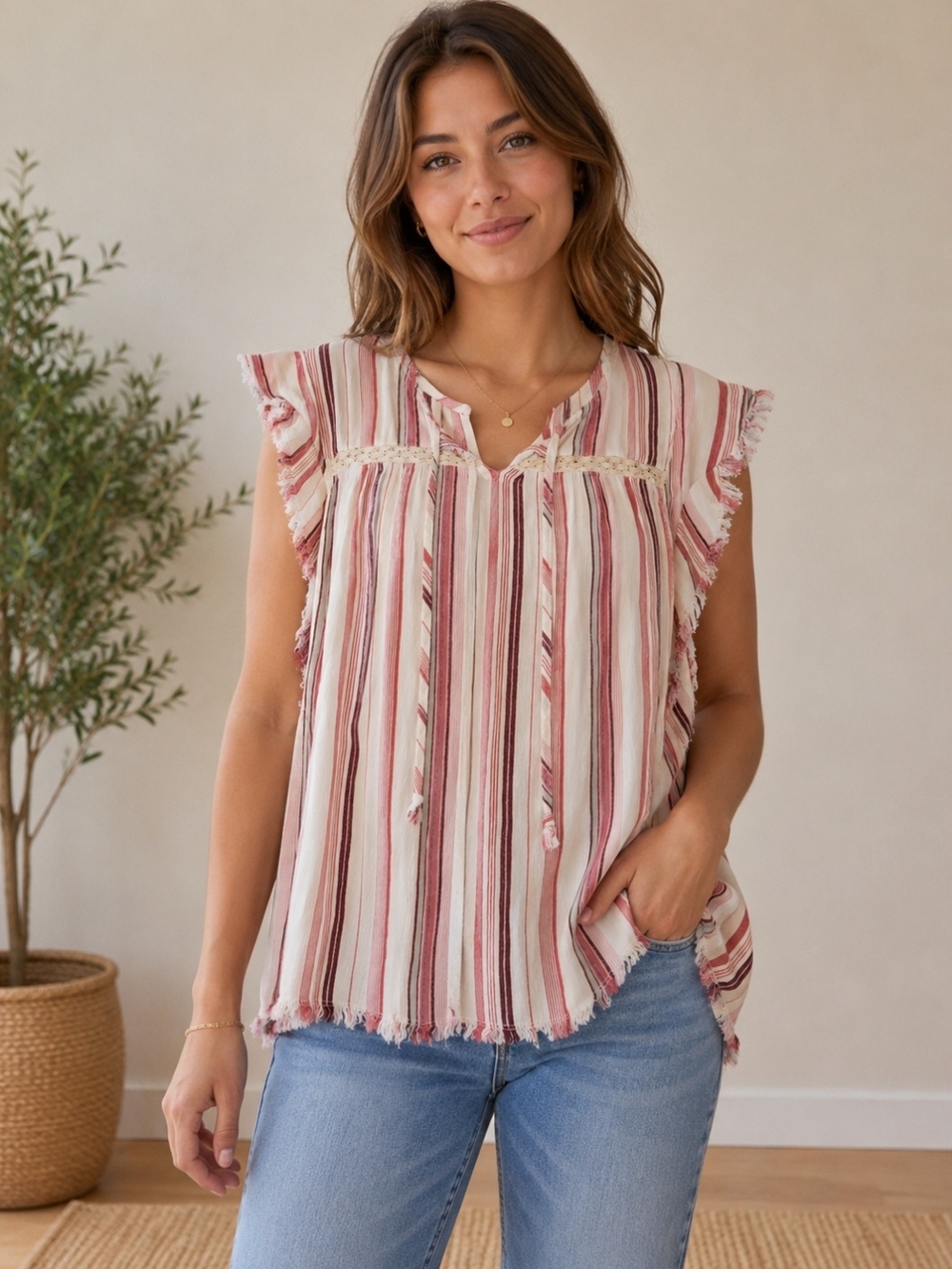 True Craft Striped Fringe Cap-Sleeve Tunic in Cream and Pink